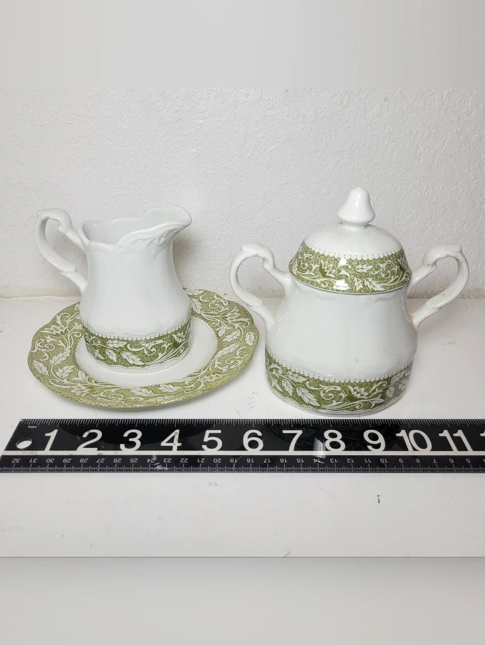 Vintage J & G Meakin English Ironstone Green/White Sugar Bowl & Creamer England